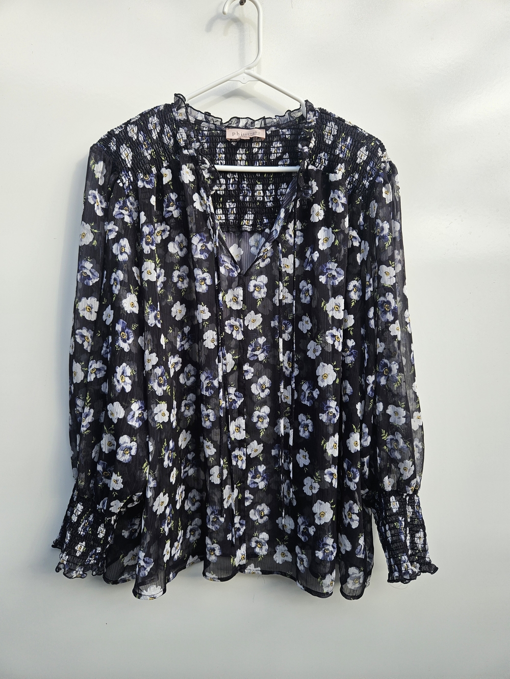 Philosophy Black Floral Smocked Blouse with Blue and White Flowers
